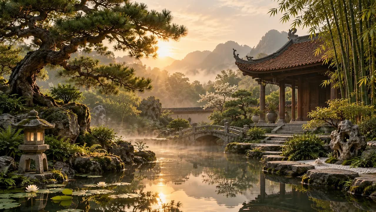 Không gian vườn phương Đông hài hòa giữa cây, nước, đá và ánh sáng